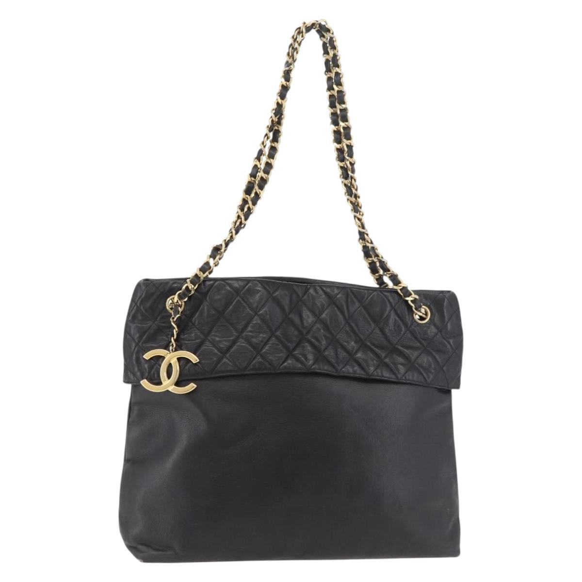 CHANEL Chain Tote Bag Leather Black Gold CC Auth BA10091