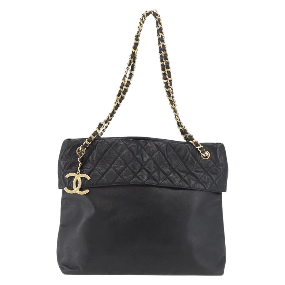CHANEL Chain Tote Bag Leather Black Gold CC Auth BA10091