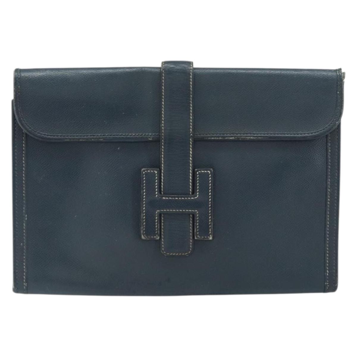HERMES Clutch Bag Leather Navy Auth BA10093
