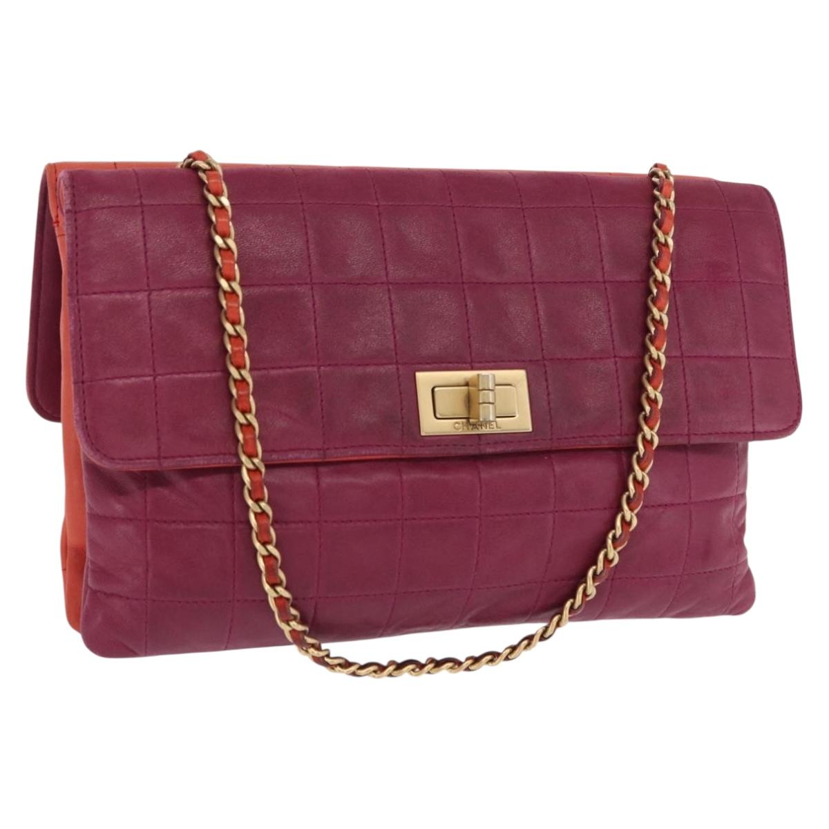 CHANEL Choco Bar Chain Hand Bag Lamb Skin Purple Gold CC Auth BA10094