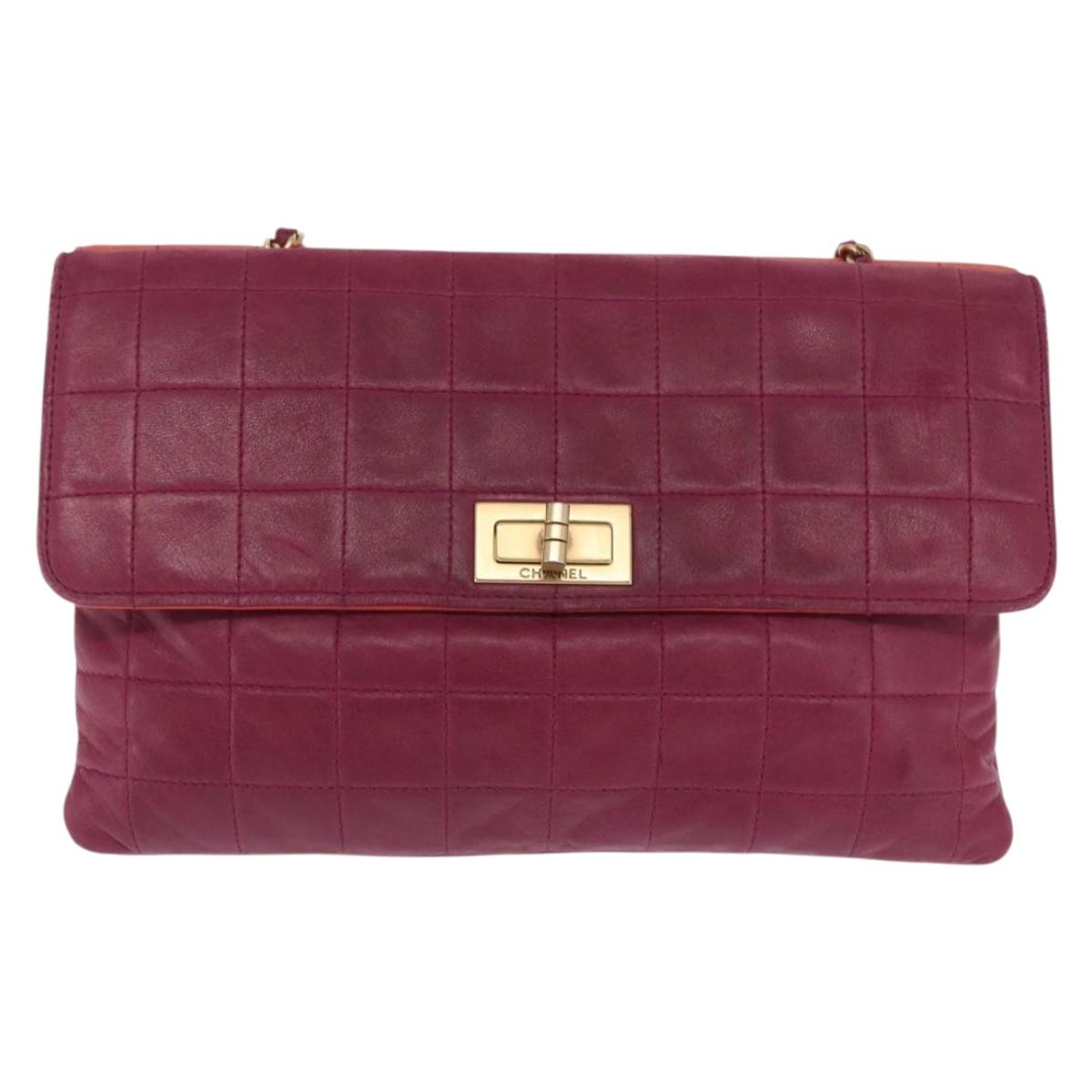 CHANEL Choco Bar Chain Hand Bag Lamb Skin Purple Gold CC Auth BA10094