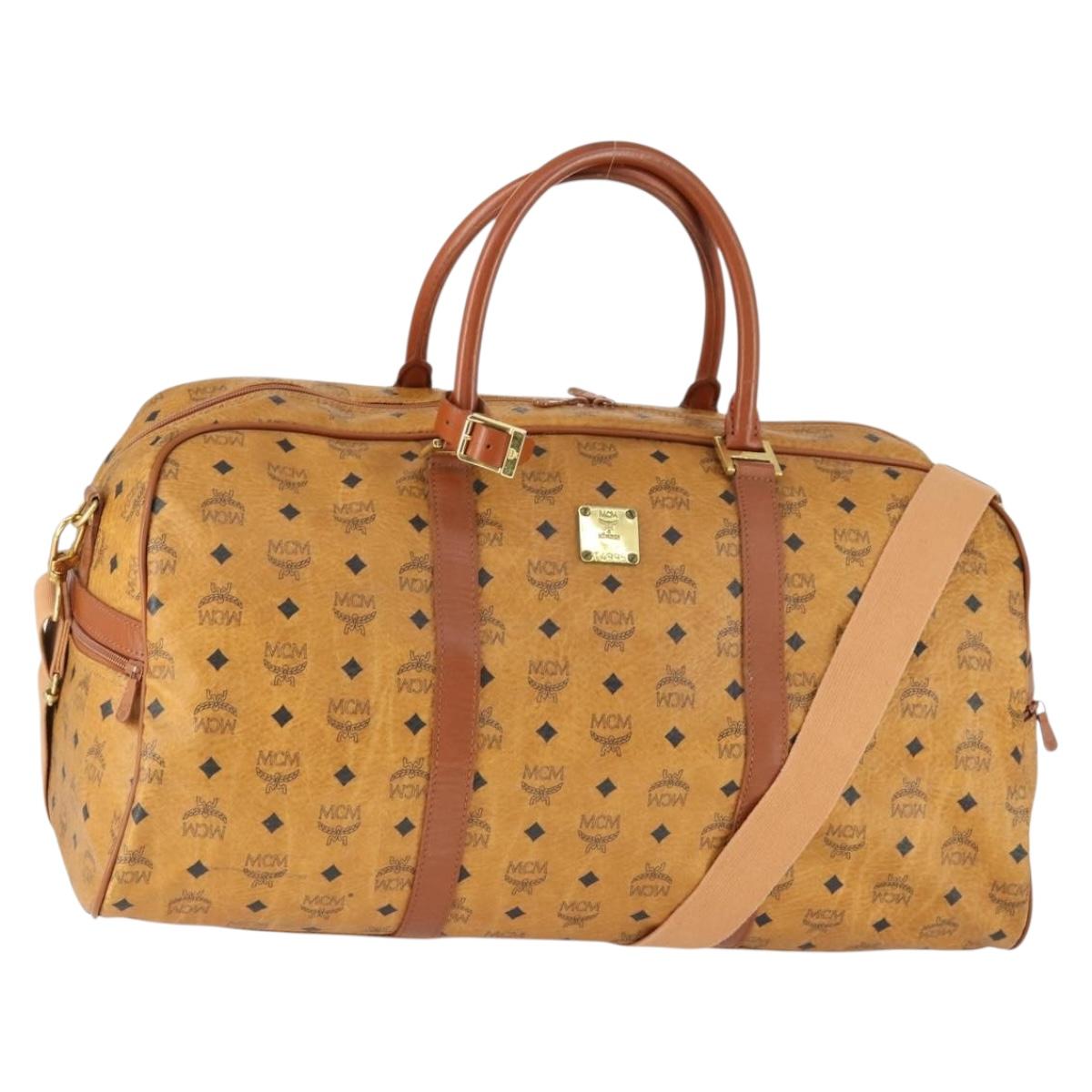 MCM Logogram Vicetos Boston Bag PVC 2way Black Gold Auth BA10101