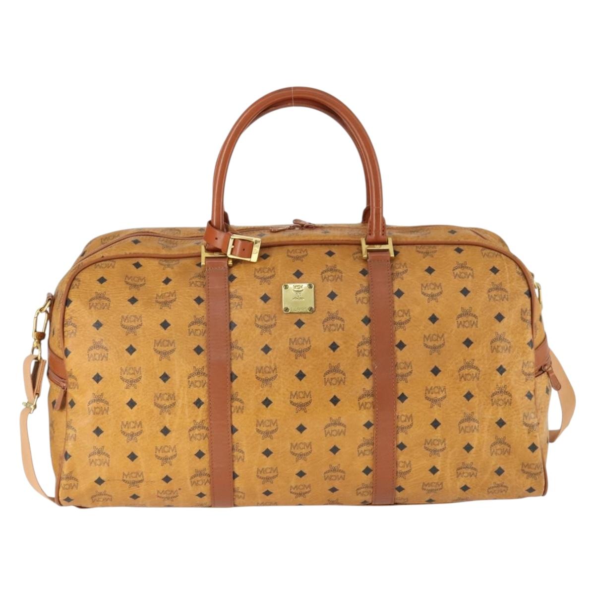 MCM Logogram Vicetos Boston Bag PVC 2way Black Gold Auth BA10101