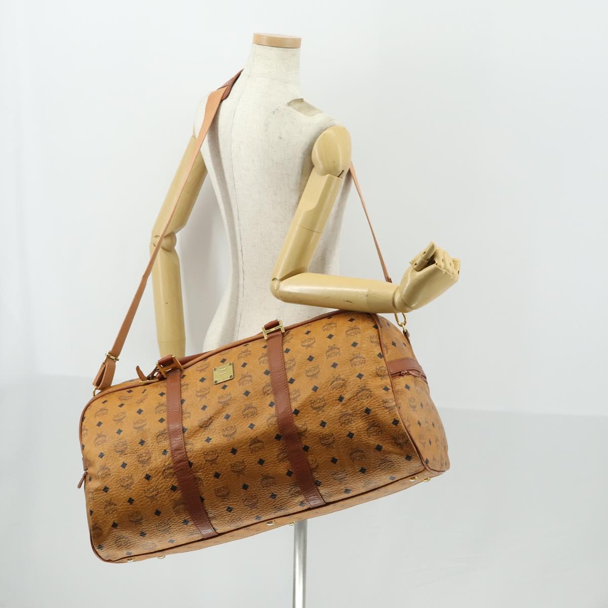 MCM Logogram Vicetos Boston Bag PVC 2way Black Gold Auth BA10101