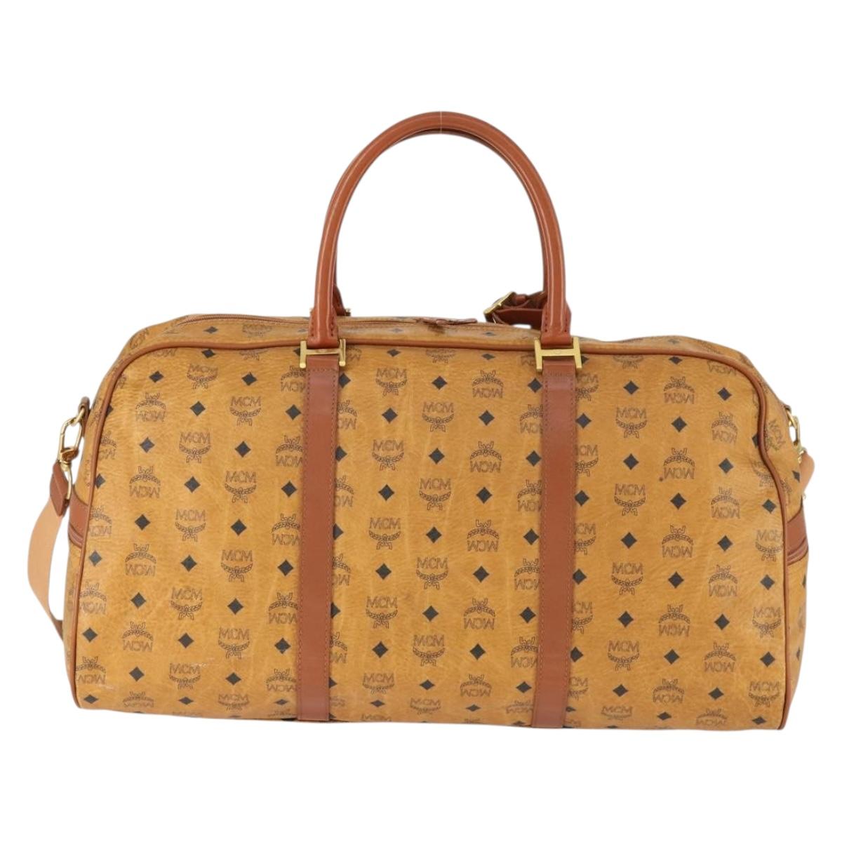 MCM Logogram Vicetos Boston Bag PVC 2way Black Gold Auth BA10101