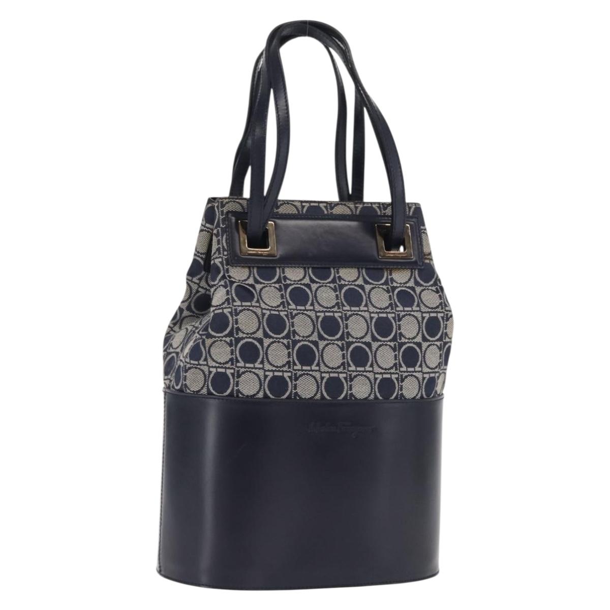 Salvatore Ferragamo Gancini Shoulder Bag Canvas Navy Gold Auth BA10109