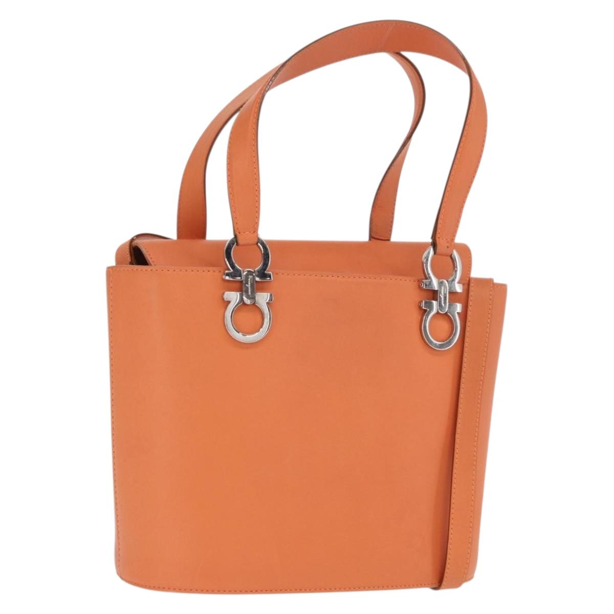 Salvatore Ferragamo Gancini Hand Bag Leather 2way Orange Silver Auth BA10110