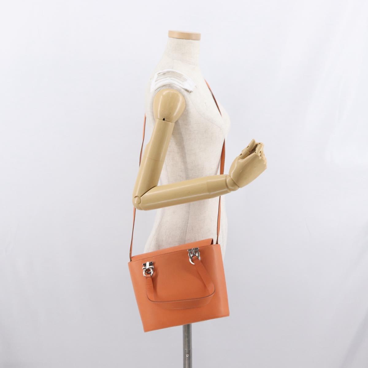 Salvatore Ferragamo Gancini Hand Bag Leather 2way Orange Silver Auth BA10110