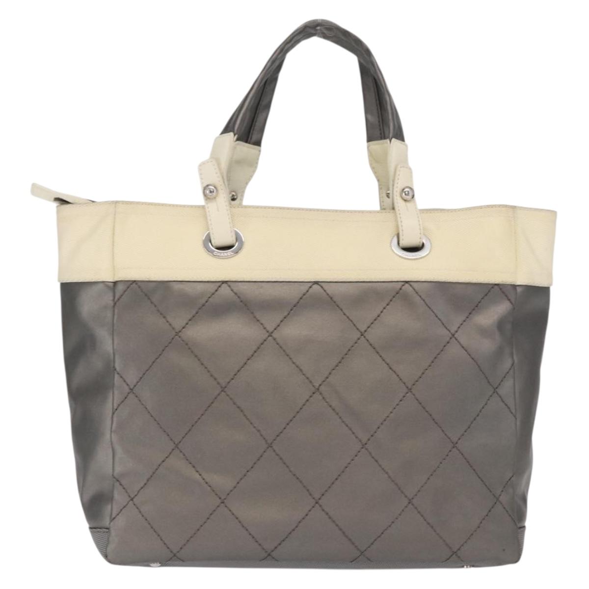 CHANEL Paris Biarritz GM Tote Bag Nylon Silver CC Auth BA10114