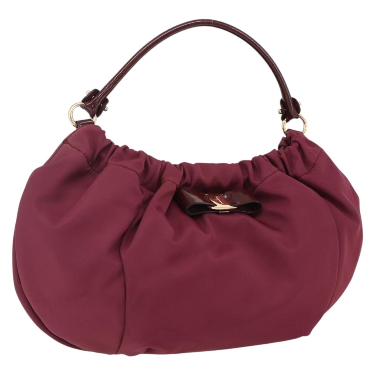 Salvatore Ferragamo Hand Bag Nylon Bordeaux Gold Auth BA10115V