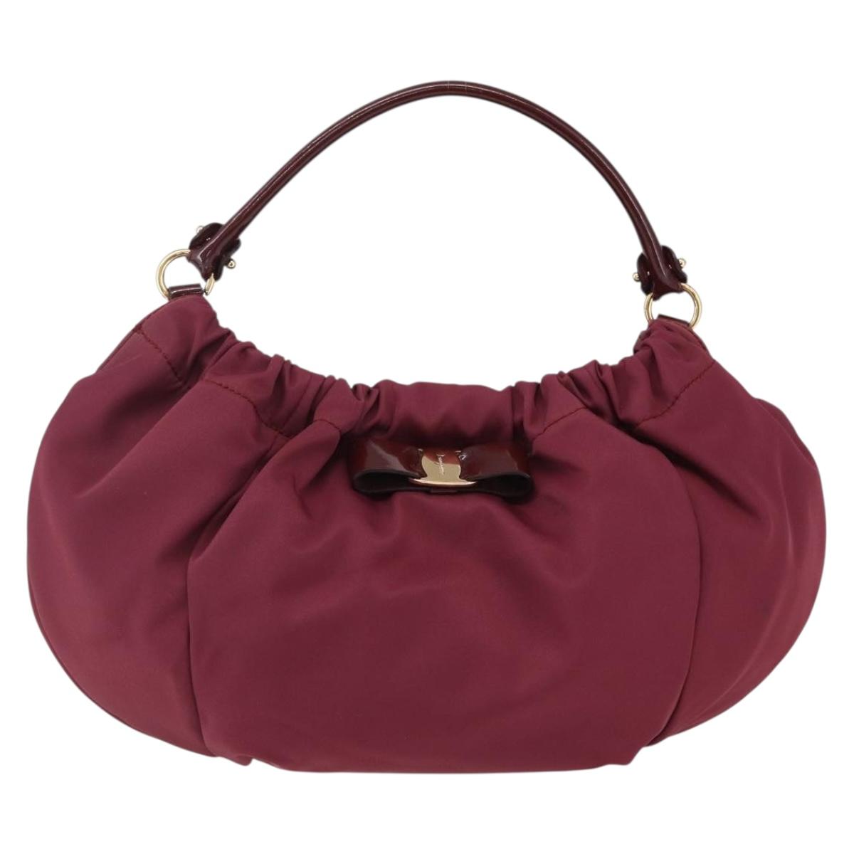 Salvatore Ferragamo Hand Bag Nylon Bordeaux Gold Auth BA10115V