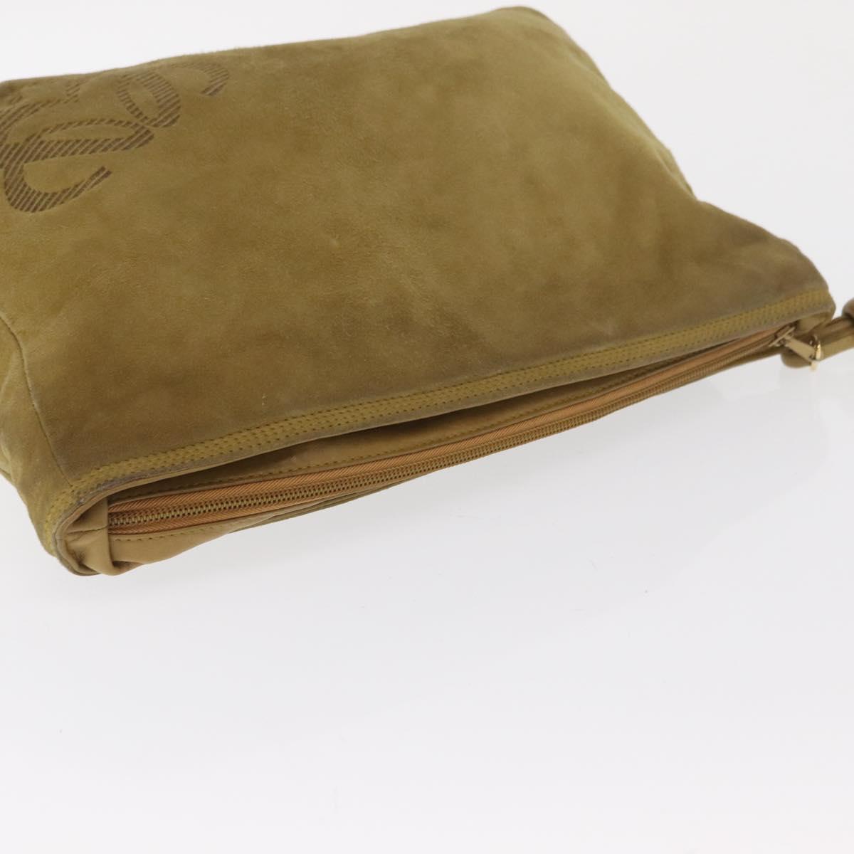 LOEWE Clutch Bag Suede Khaki Gold Auth BA10116
