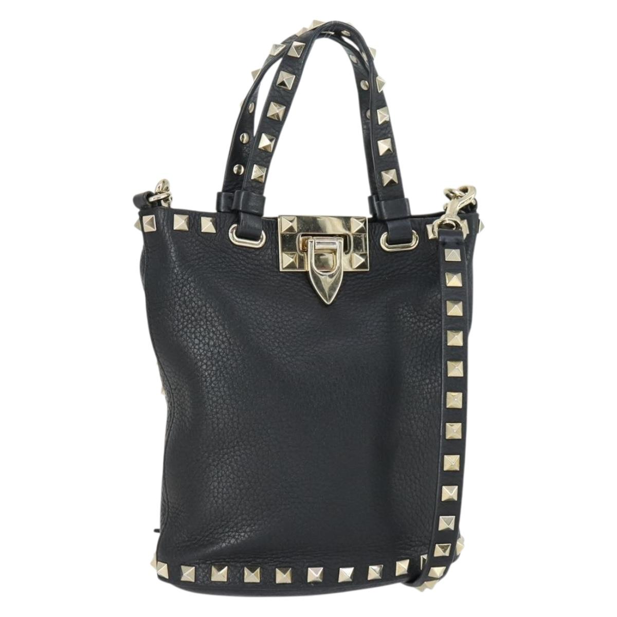 VALENTINO Hand Bag Leather 2way Black Gold Auth BA10121