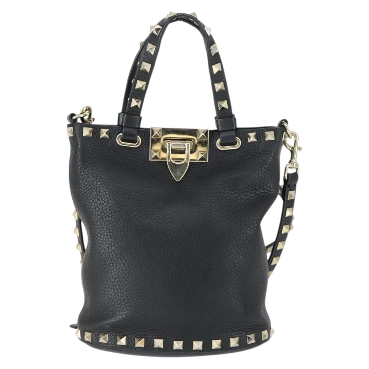 VALENTINO Hand Bag Leather 2way Black Gold Auth BA10121
