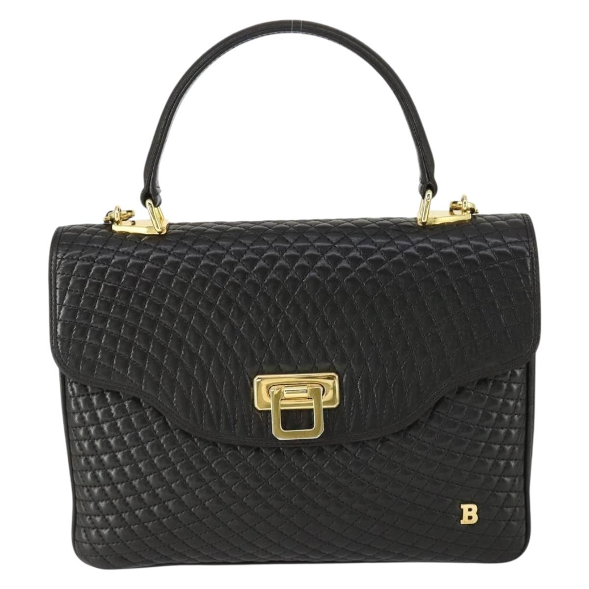 BALLY Hand Bag Leather 2way Black Gold Auth BA10122