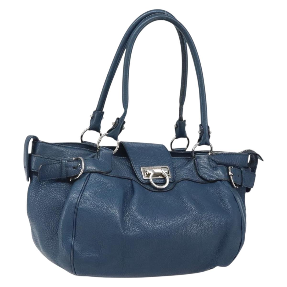 Salvatore Ferragamo Gancini Hand Bag Leather Blue Silver Auth BA10123