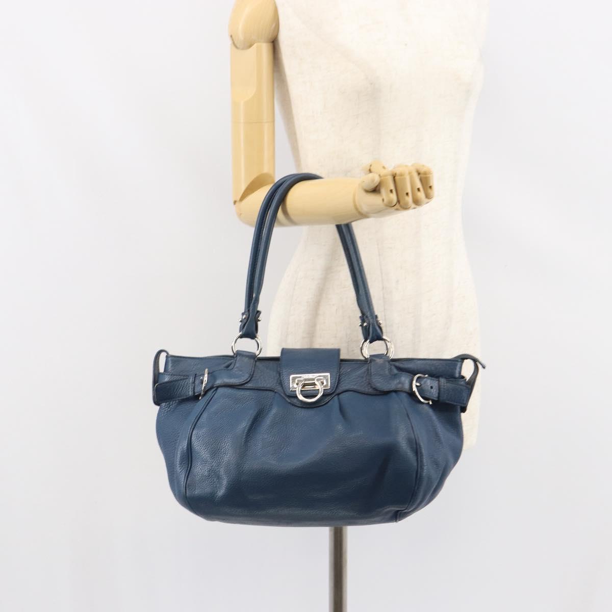 Salvatore Ferragamo Gancini Hand Bag Leather Blue Silver Auth BA10123