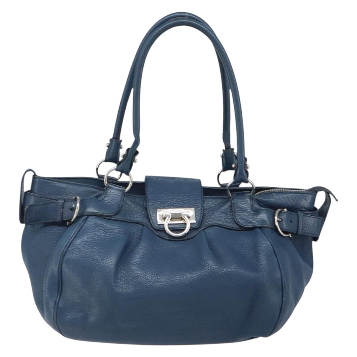Salvatore Ferragamo Gancini Hand Bag Leather Blue Silver Auth BA10123
