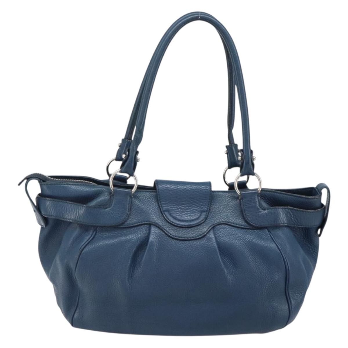 Salvatore Ferragamo Gancini Hand Bag Leather Blue Silver Auth BA10123