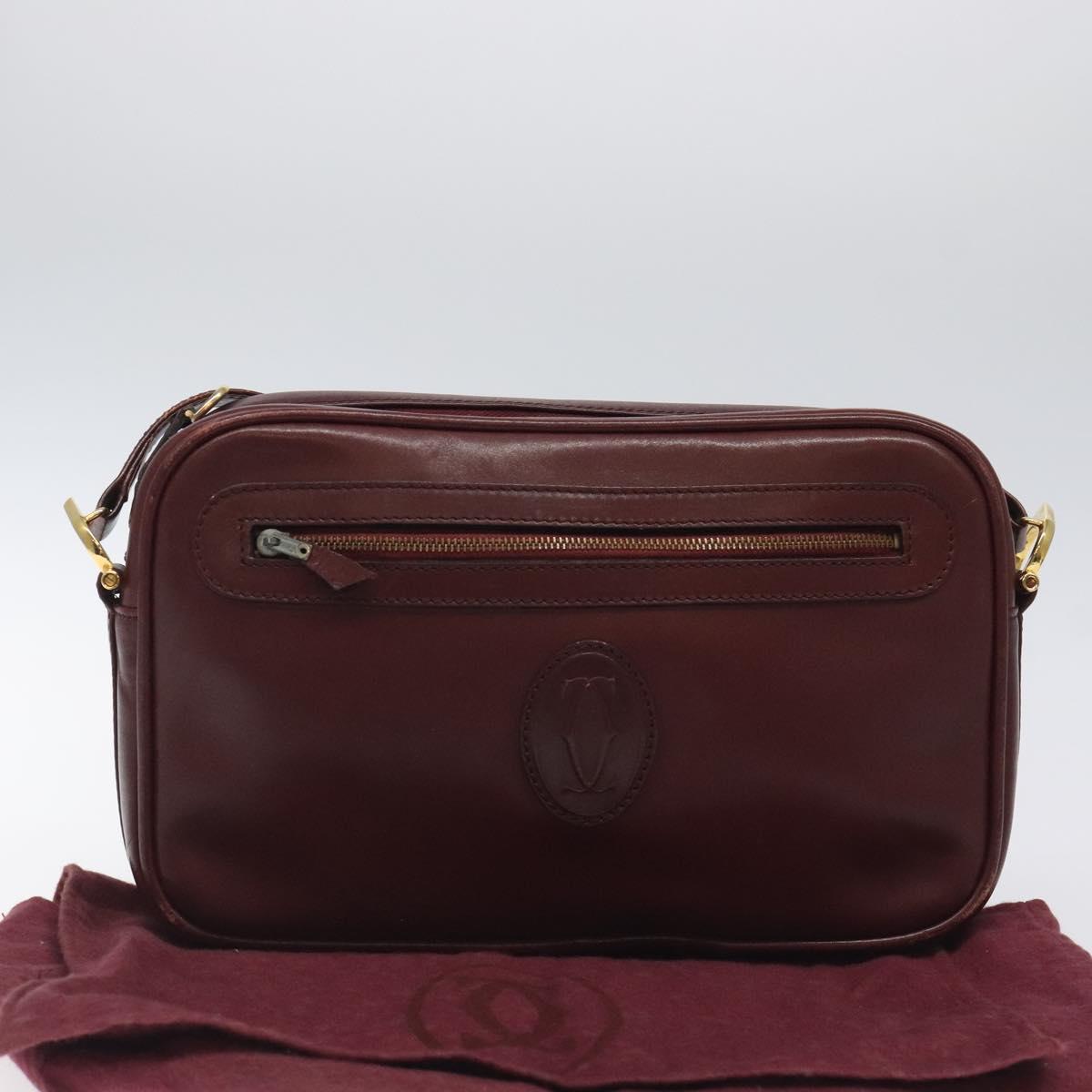 CARTIER Must Line Shoulder Bag Leather Wine Red Gold Auth BA1020
