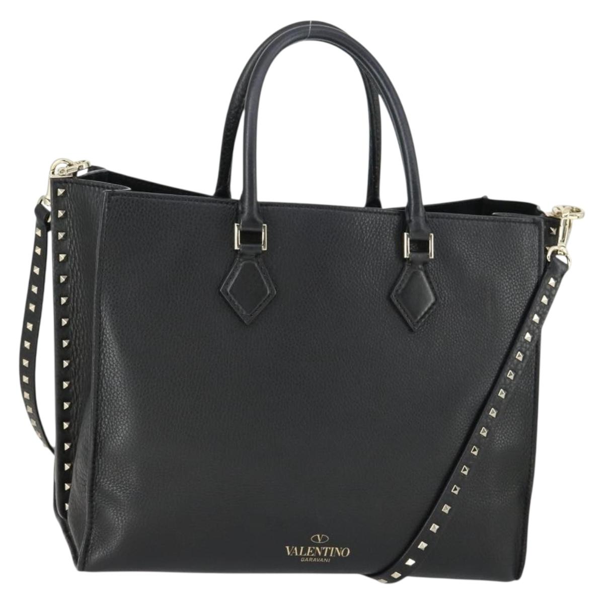 VALENTINO Hand Bag Leather 2way Black Gold Auth BA10227