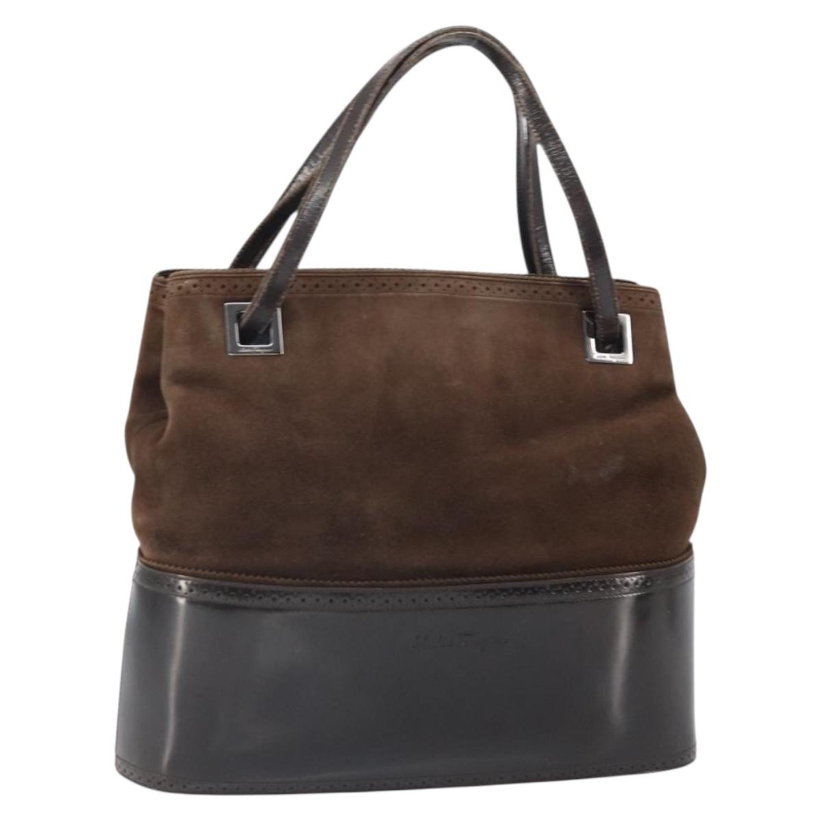 Salvatore Ferragamo Hand Bag Suede Brown Silver Auth BA10230