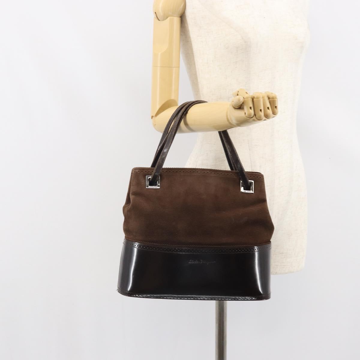 Salvatore Ferragamo Hand Bag Suede Brown Silver Auth BA10230