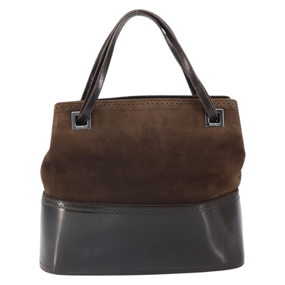 Salvatore Ferragamo Hand Bag Suede Brown Silver Auth BA10230