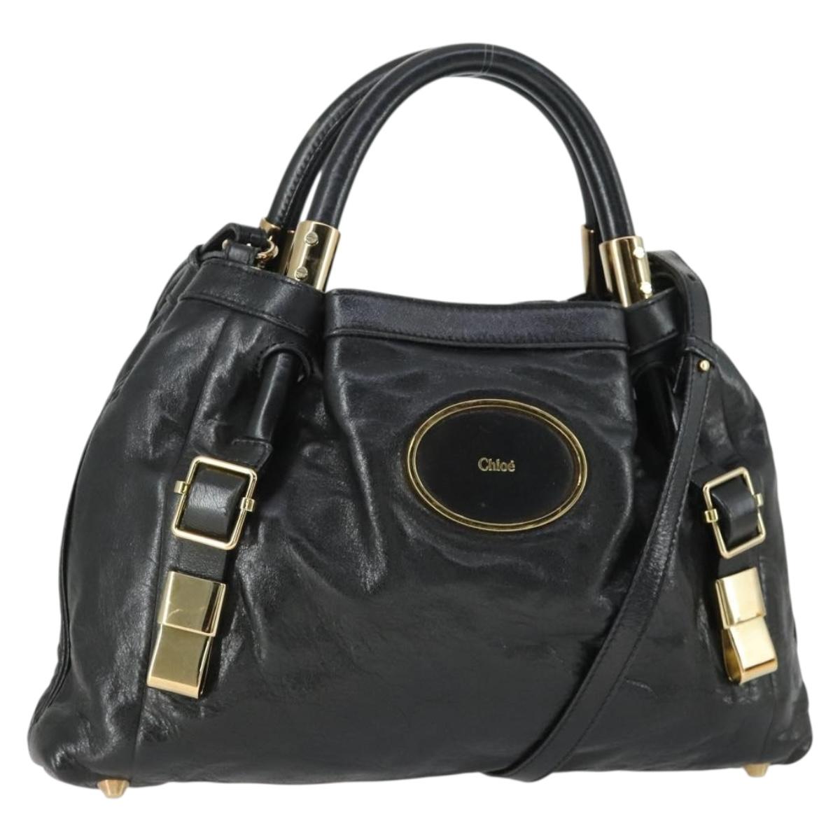 Chloe Victoria Hand Bag Leather 2way Black Gold Auth BA10246