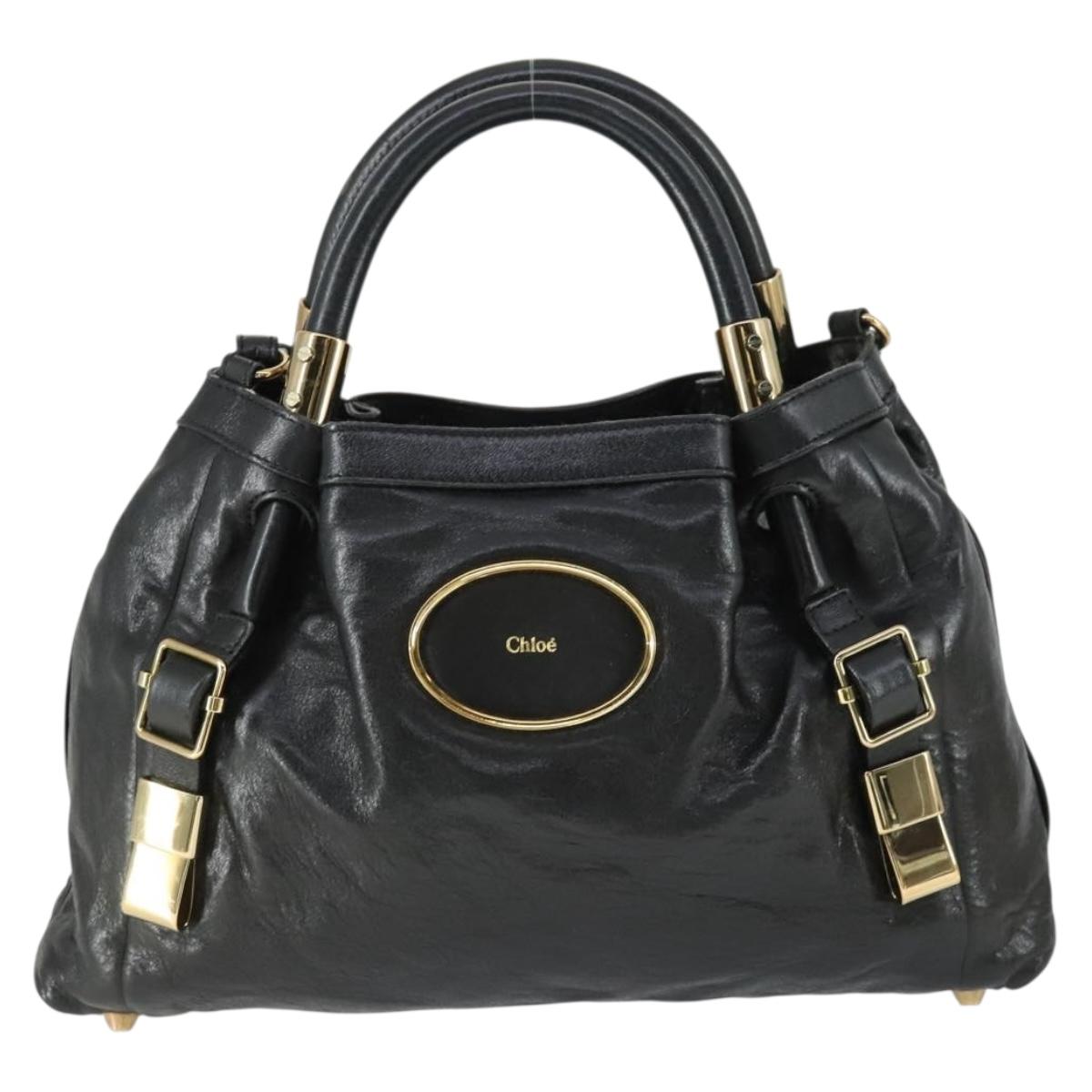 Chloe Victoria Hand Bag Leather 2way Black Gold Auth BA10246