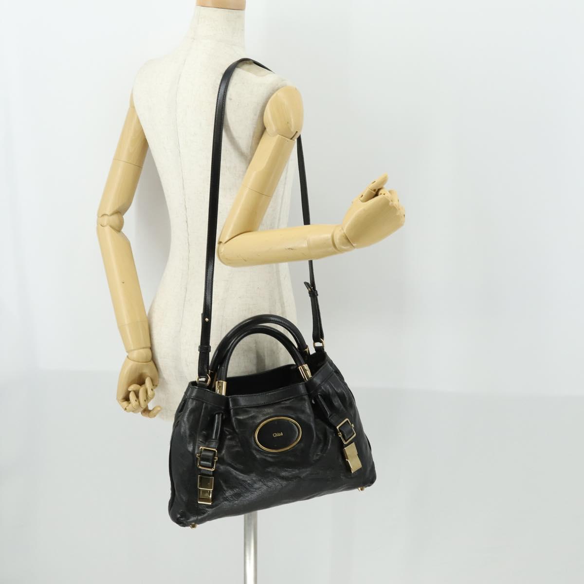 Chloe Victoria Hand Bag Leather 2way Black Gold Auth BA10246