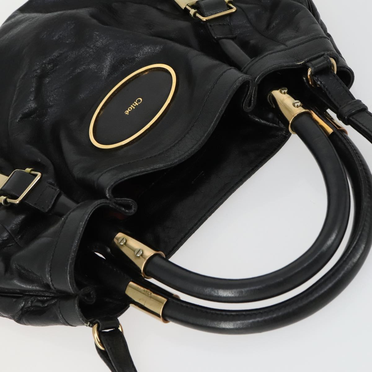 Chloe Victoria Hand Bag Leather 2way Black Gold Auth BA10246