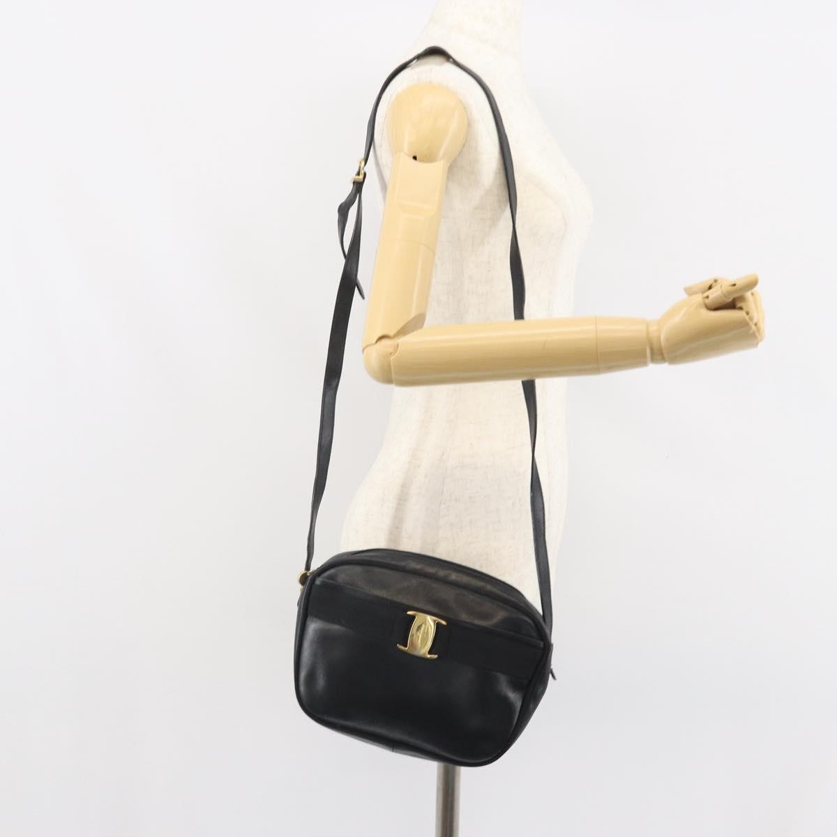 Salvatore Ferragamo Vala Shoulder Bag Leather Black Gold Auth BA10252