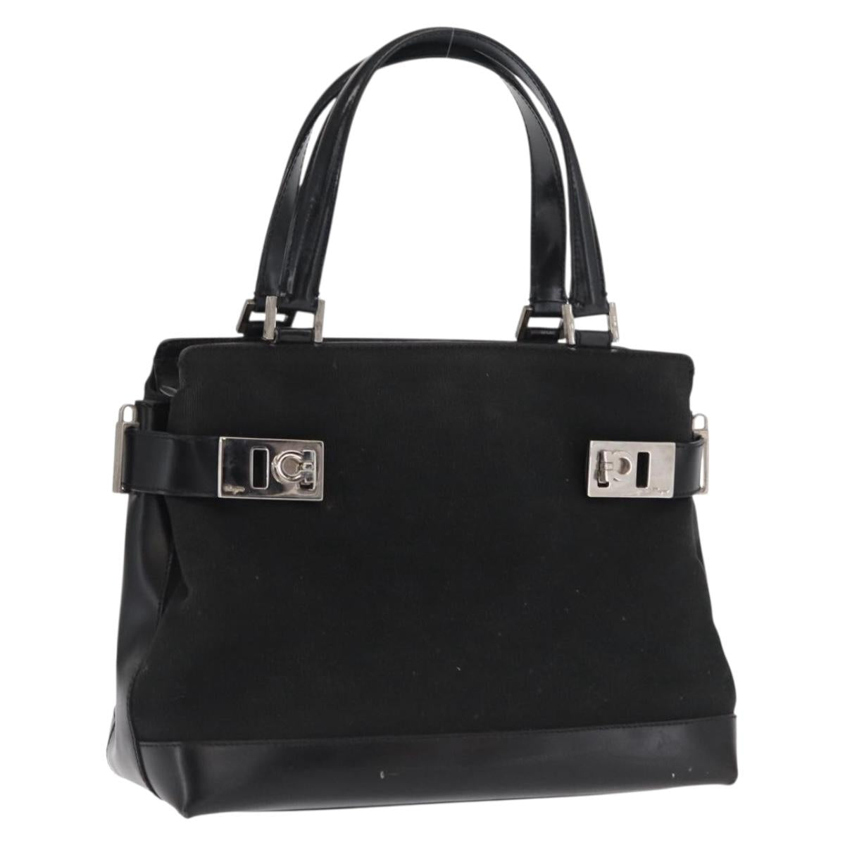 Salvatore Ferragamo Gancini Hand Bag Canvas Black Silver Auth BA10253
