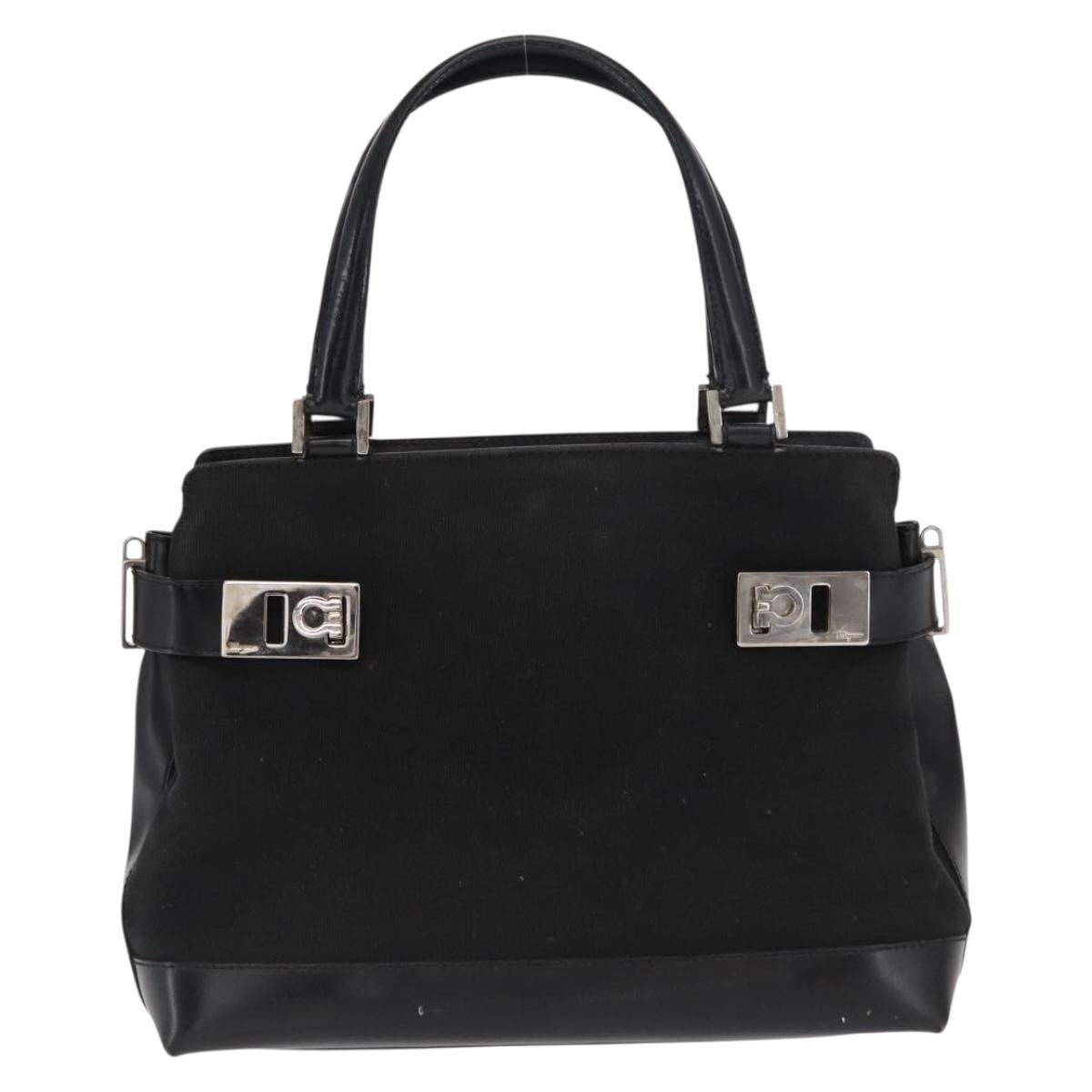 Salvatore Ferragamo Gancini Hand Bag Canvas Black Silver Auth BA10253