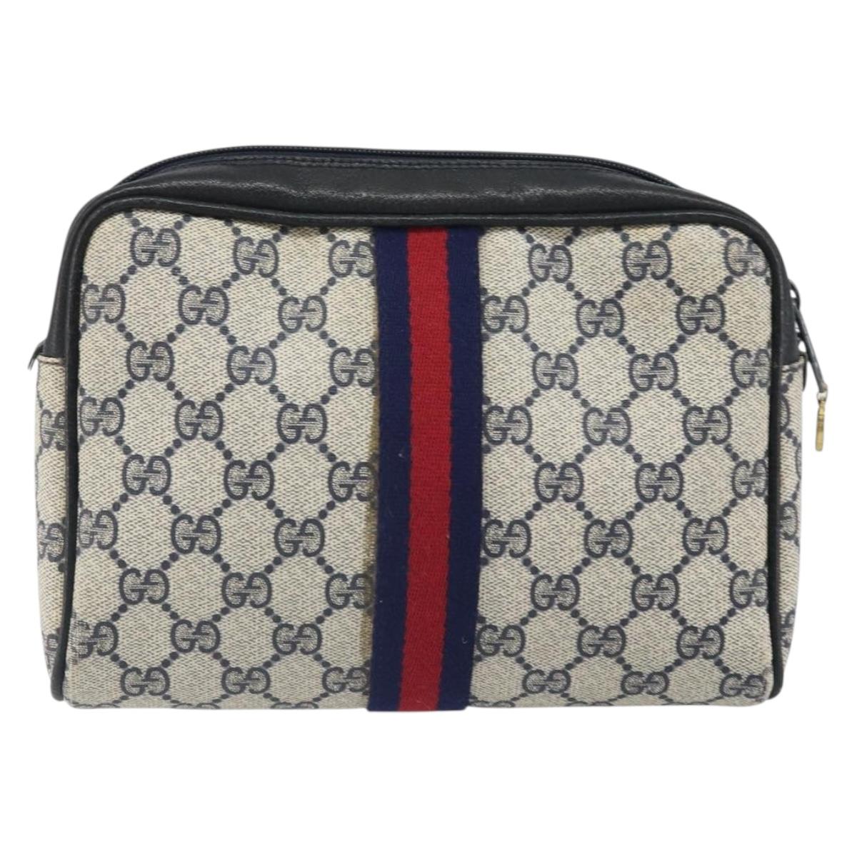 GUCCI GG Supreme Sherry Line Clutch Bag PVC Navy Gold 010 378 Auth BA10258