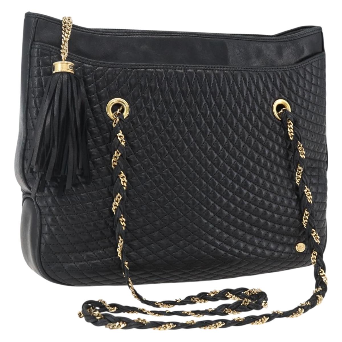 BALLY Chain Shoulder Bag Leather Gold Black Auth BA10264