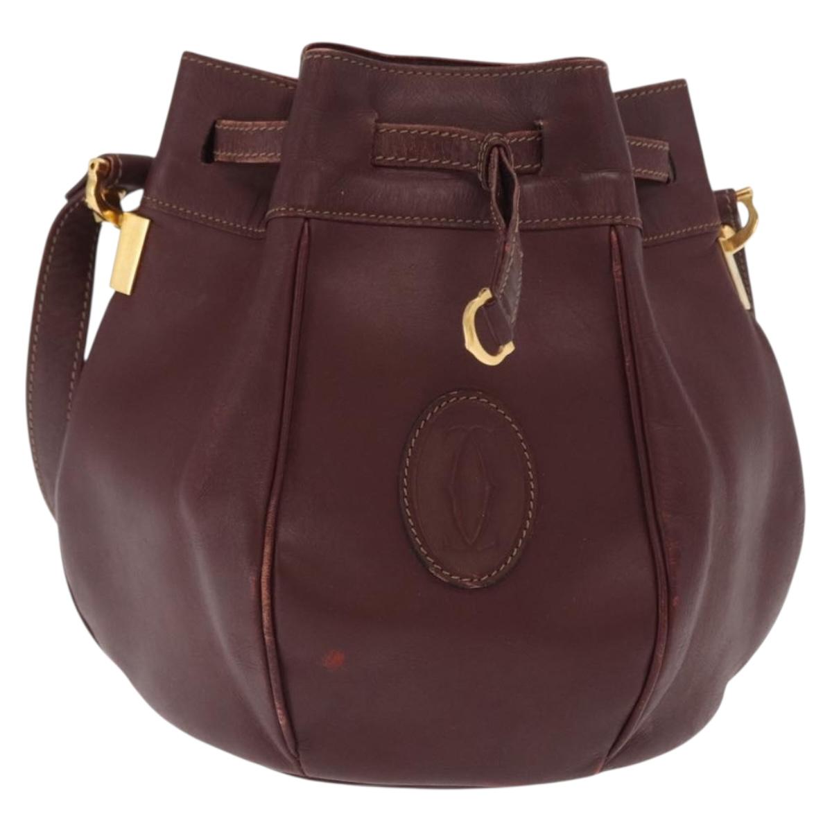 CARTIER Must Line Shoulder Bag Leather Bordeaux Gold Auth BA10279