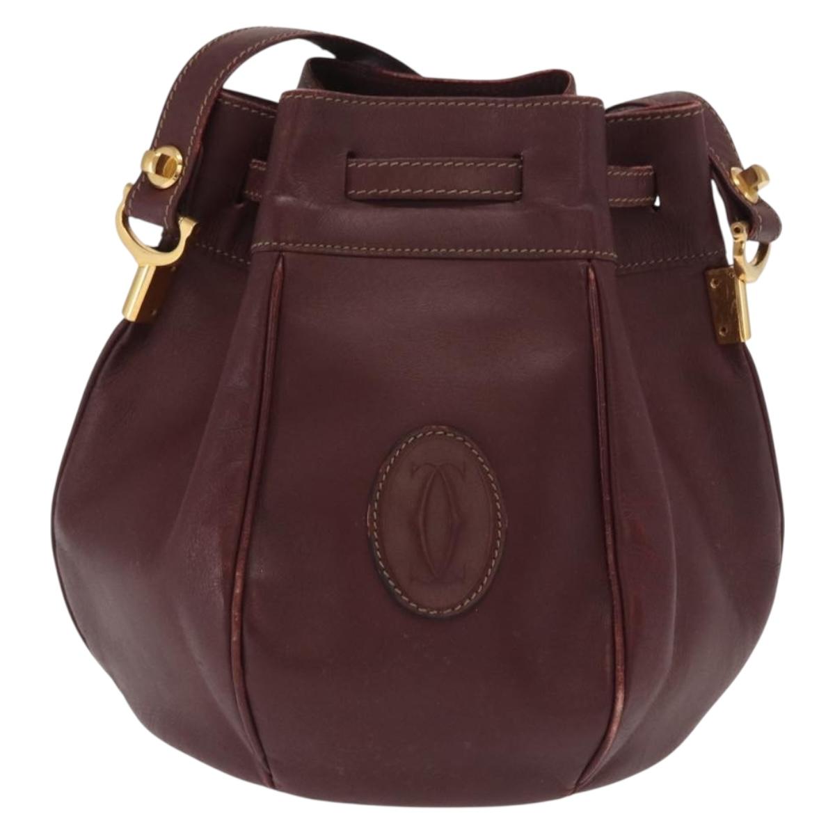 CARTIER Must Line Shoulder Bag Leather Bordeaux Gold Auth BA10279