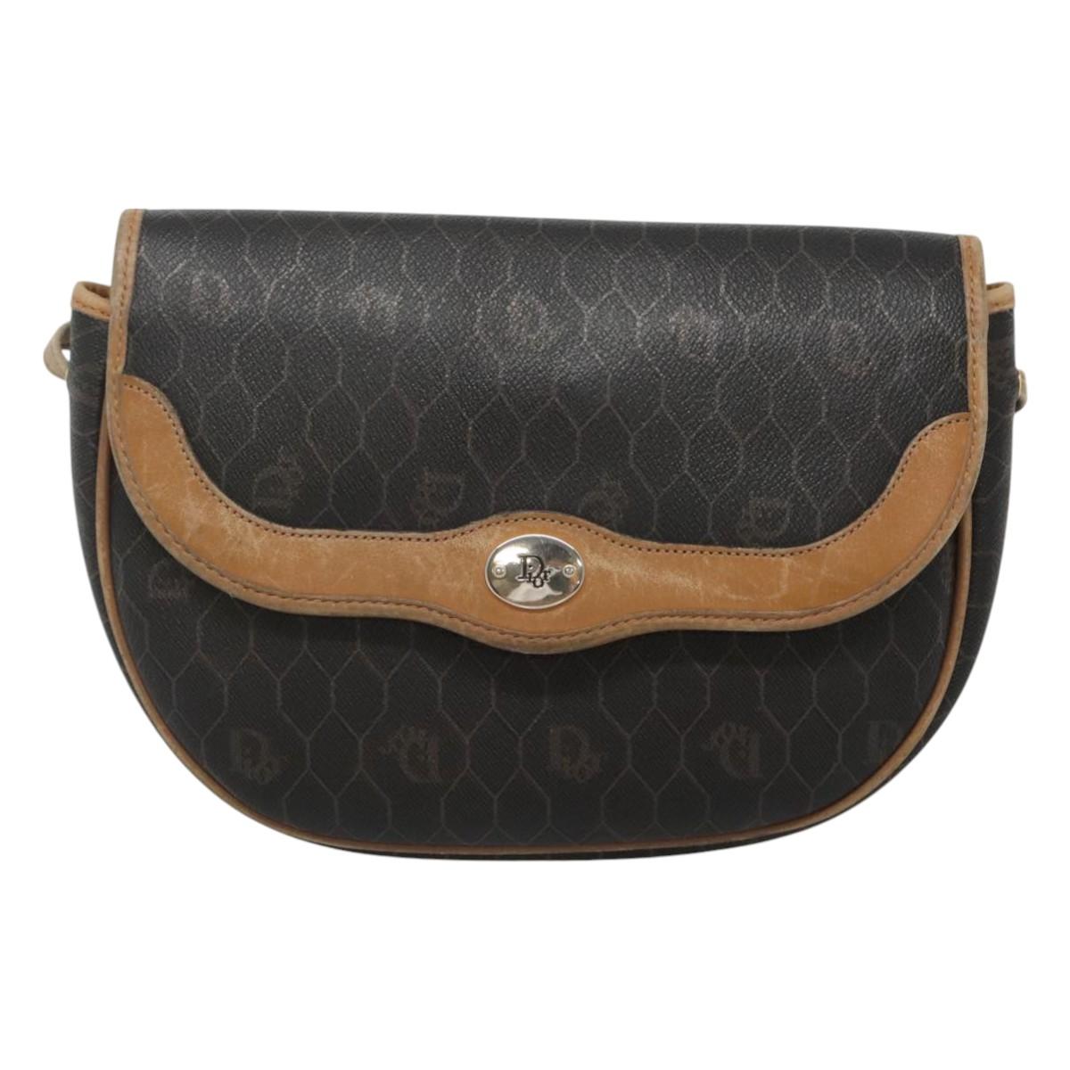 Christian Dior Honeycomb Canvas Shoulder Bag PVC Black Brown gold Auth BA1028