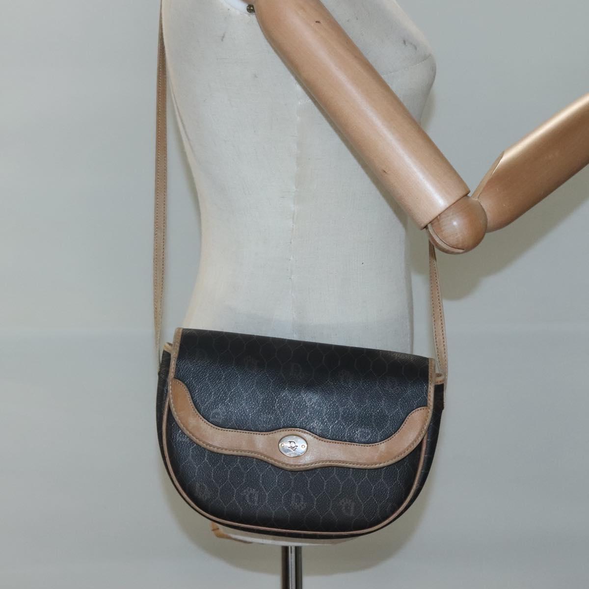 Christian Dior Honeycomb Canvas Shoulder Bag PVC Black Brown gold Auth BA1028