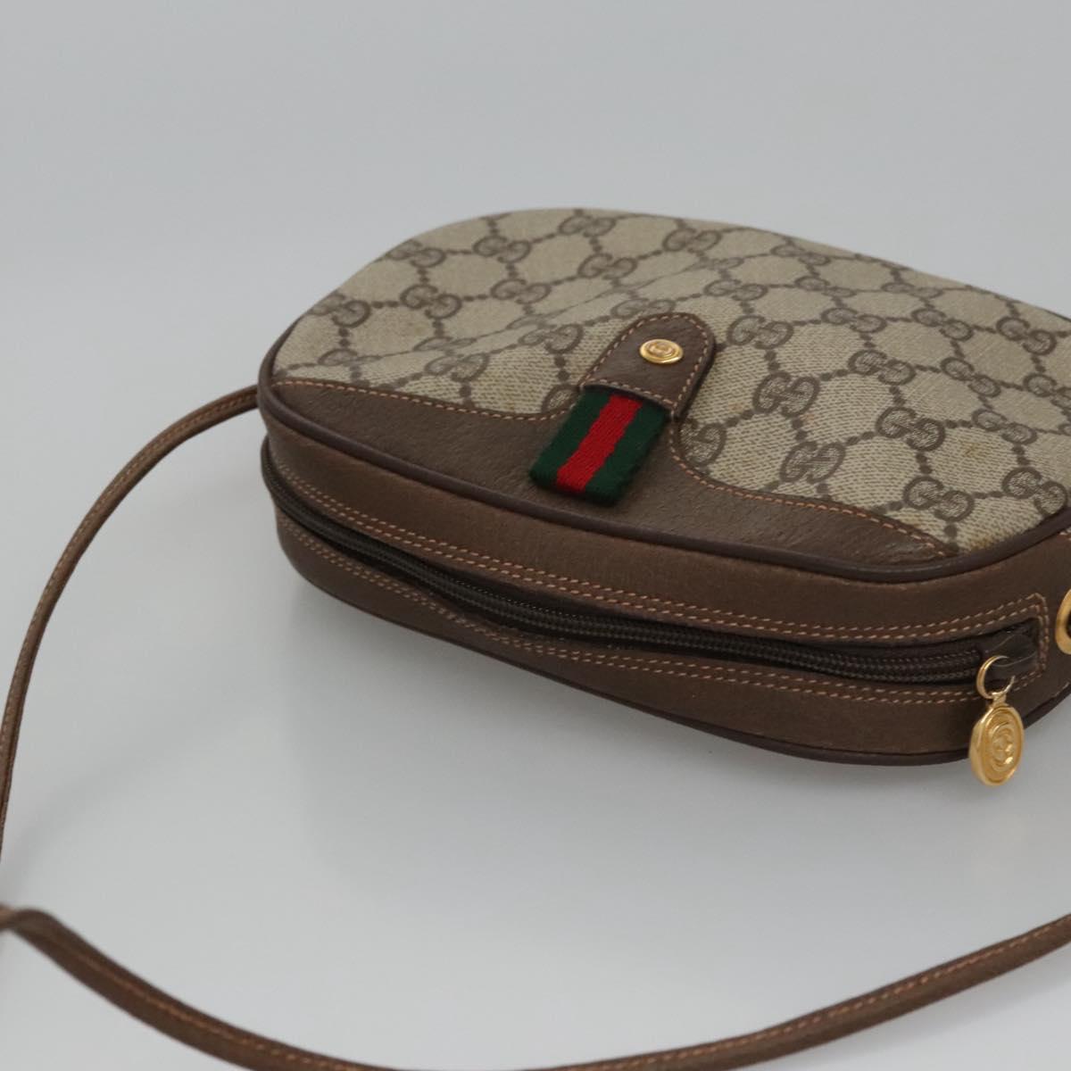 GUCCI GG Supreme Web Sherry Line Shoulder Bag PVC Beige Brown Silver Auth BA103