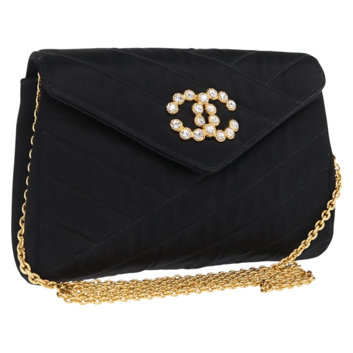 CHANEL V Stitched Chain Shoulder Bag Satin Black Gold CC Auth BA10324SAV