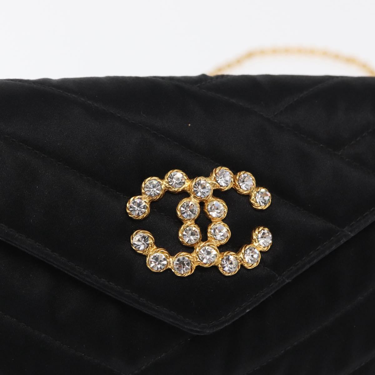 CHANEL V Stitched Chain Shoulder Bag Satin Black Gold CC Auth BA10324SAV