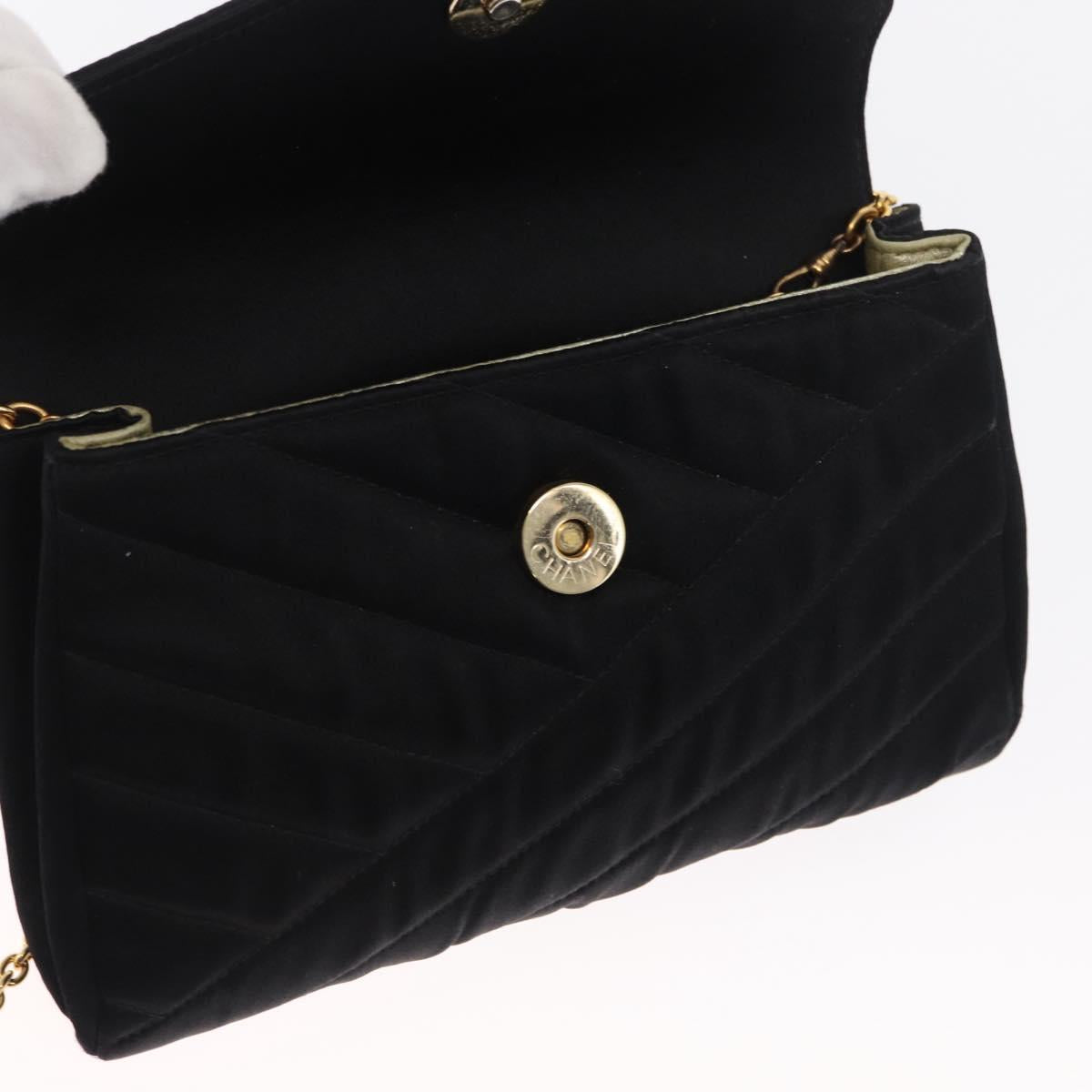 CHANEL V Stitched Chain Shoulder Bag Satin Black Gold CC Auth BA10324SAV