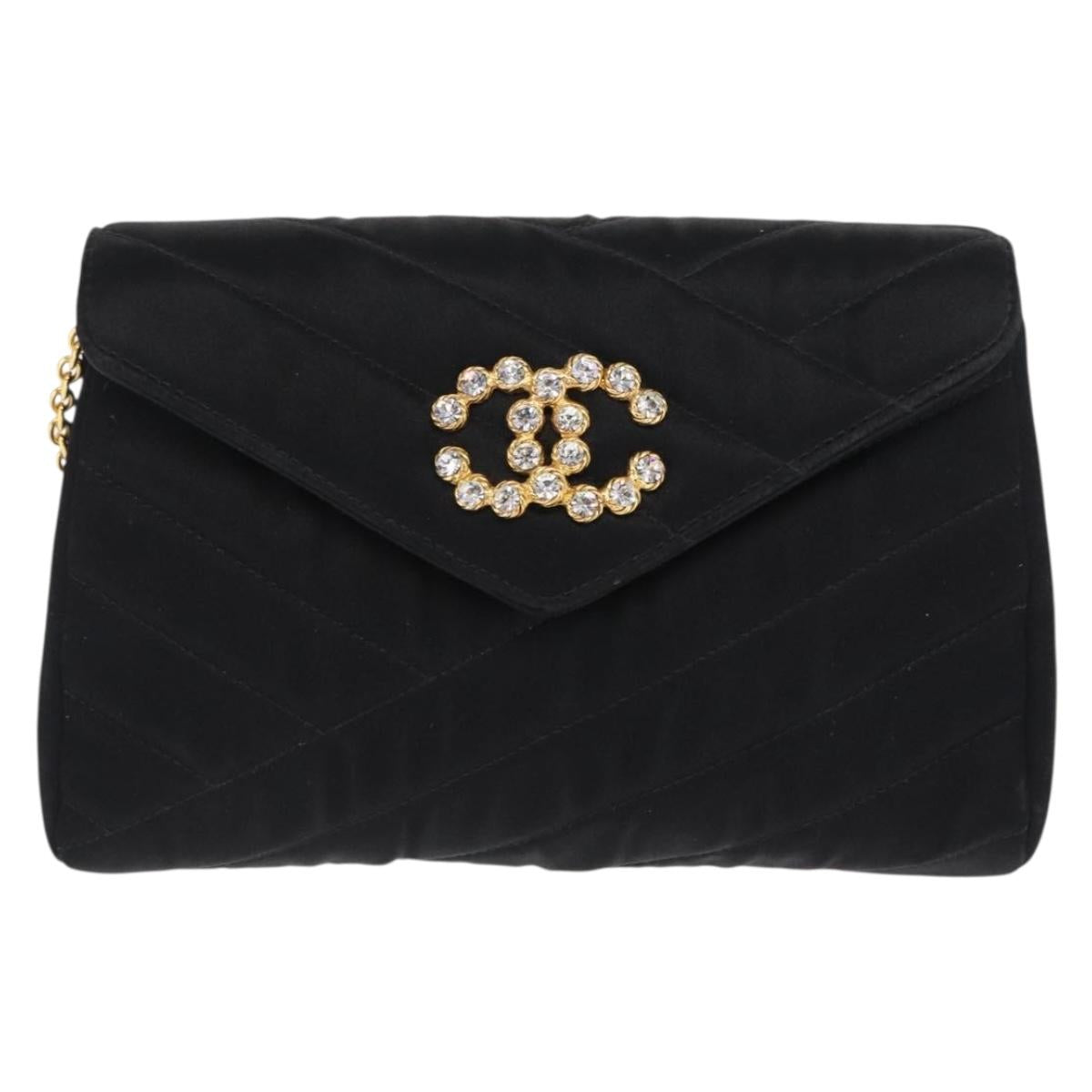 CHANEL V Stitched Chain Shoulder Bag Satin Black Gold CC Auth BA10324SAV