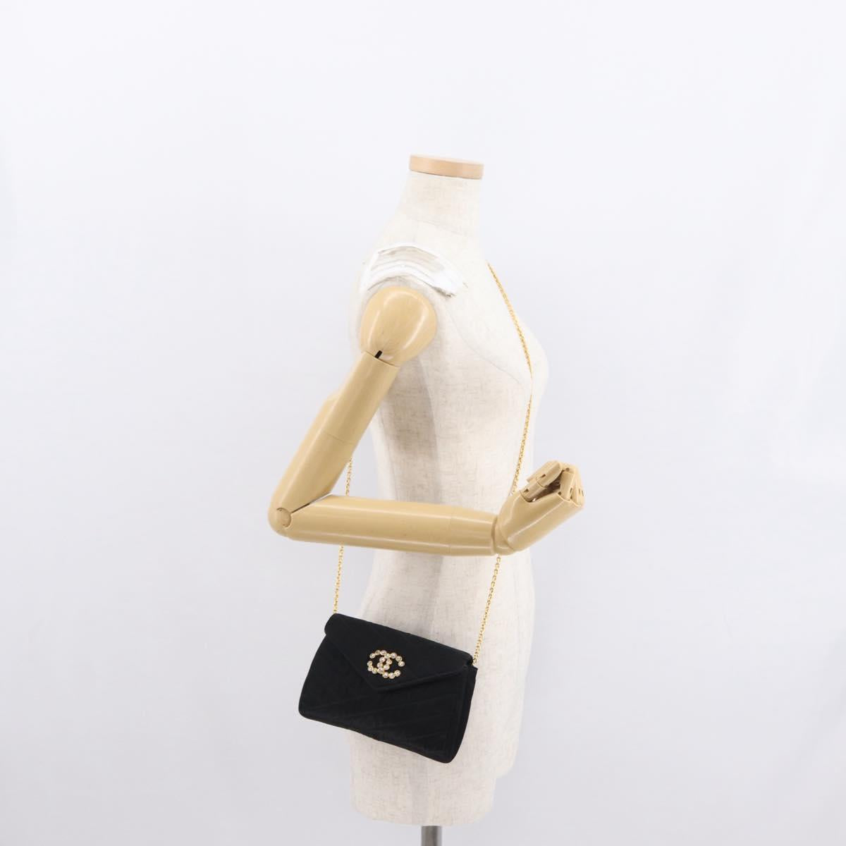 CHANEL V Stitched Chain Shoulder Bag Satin Black Gold CC Auth BA10324SAV