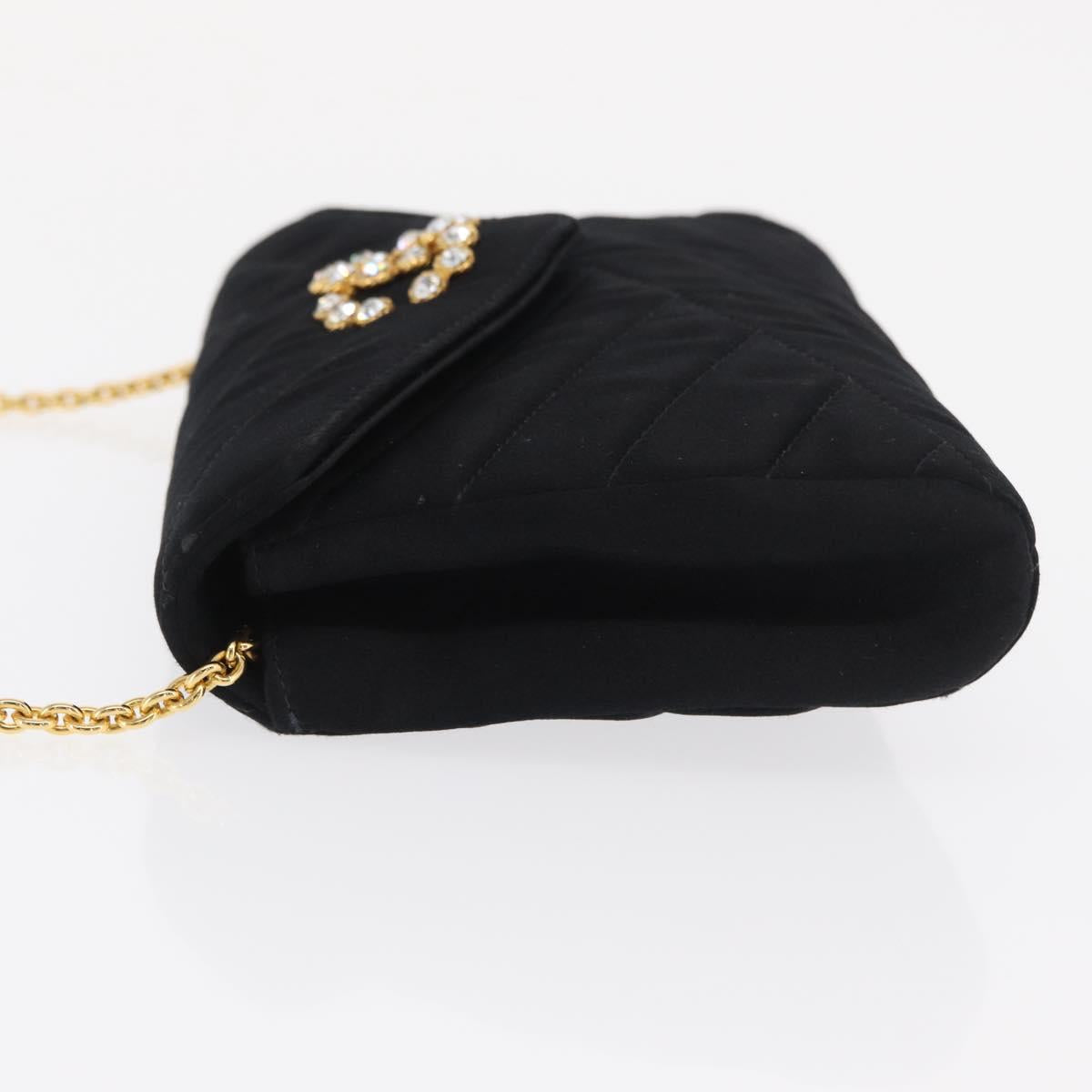 CHANEL V Stitched Chain Shoulder Bag Satin Black Gold CC Auth BA10324SAV