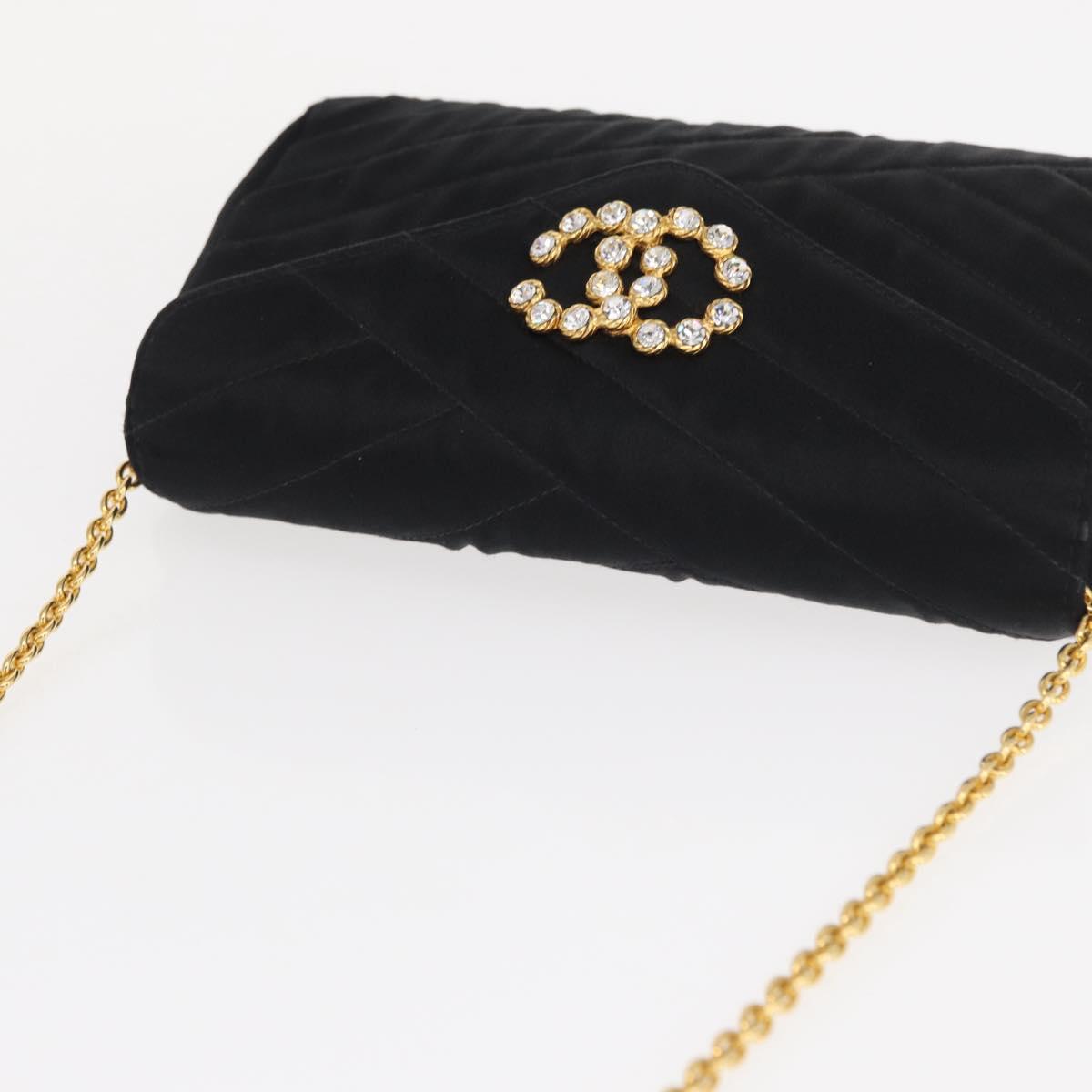CHANEL V Stitched Chain Shoulder Bag Satin Black Gold CC Auth BA10324SAV