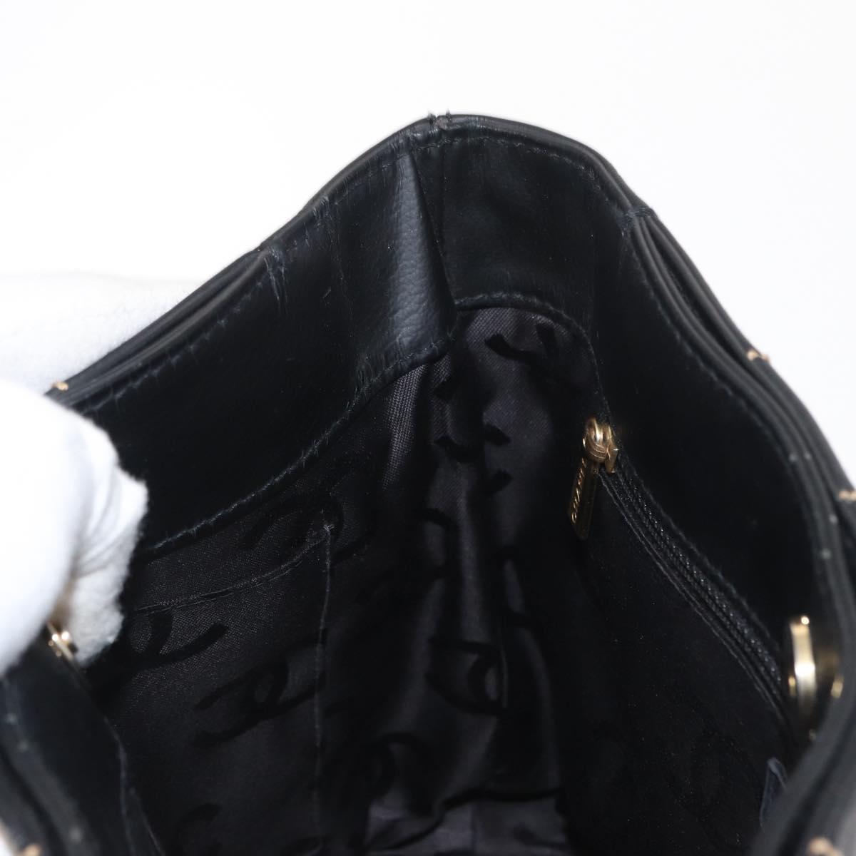 CHANEL Choco Bar Chain Hand Bag Leather Black Gold CC Auth BA10362